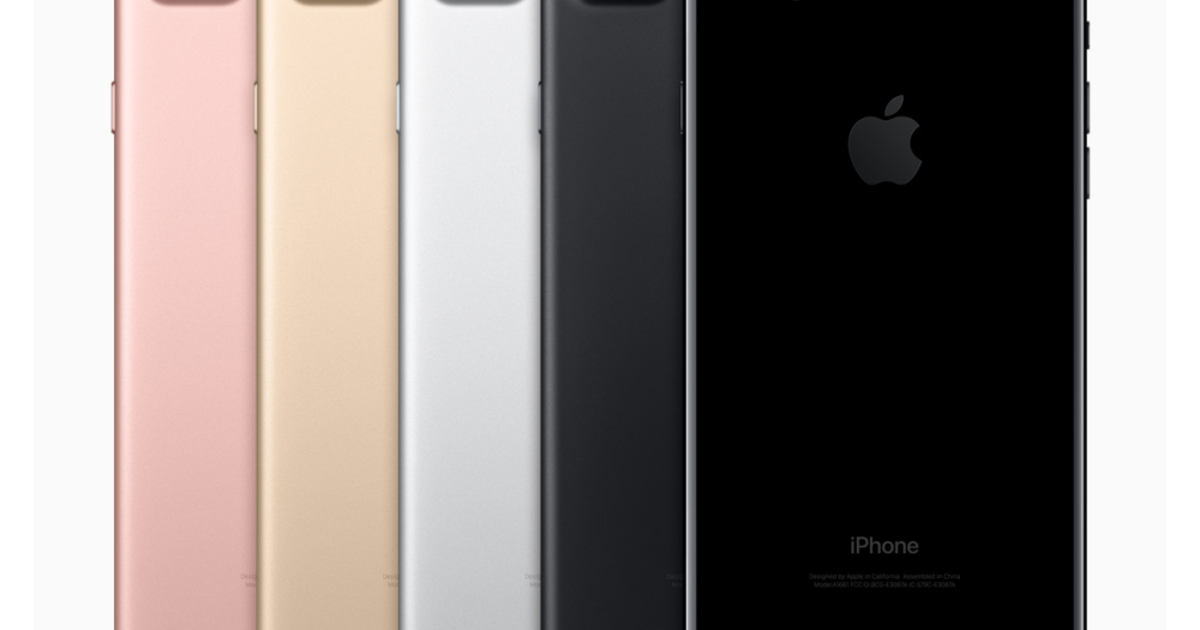 The five iPhone 7 finishes side by side: Rose Gold, Gold, Silver, Black, and Jet Black