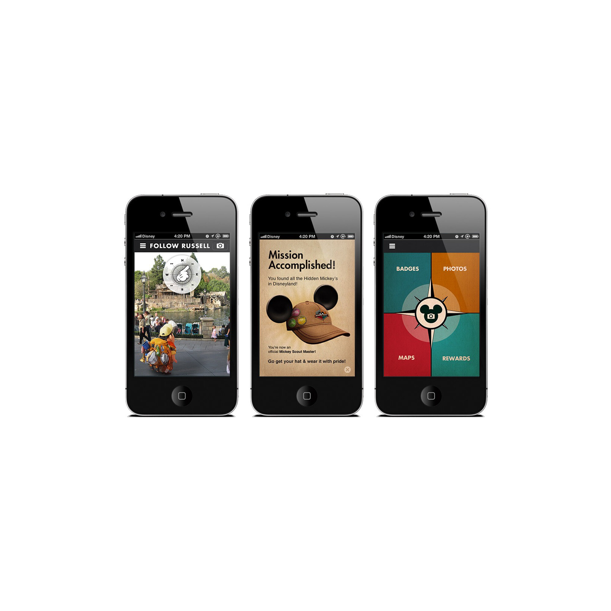 Hidden Mickey Mobile Hunt — five app screens showcasing the augmented reality experience