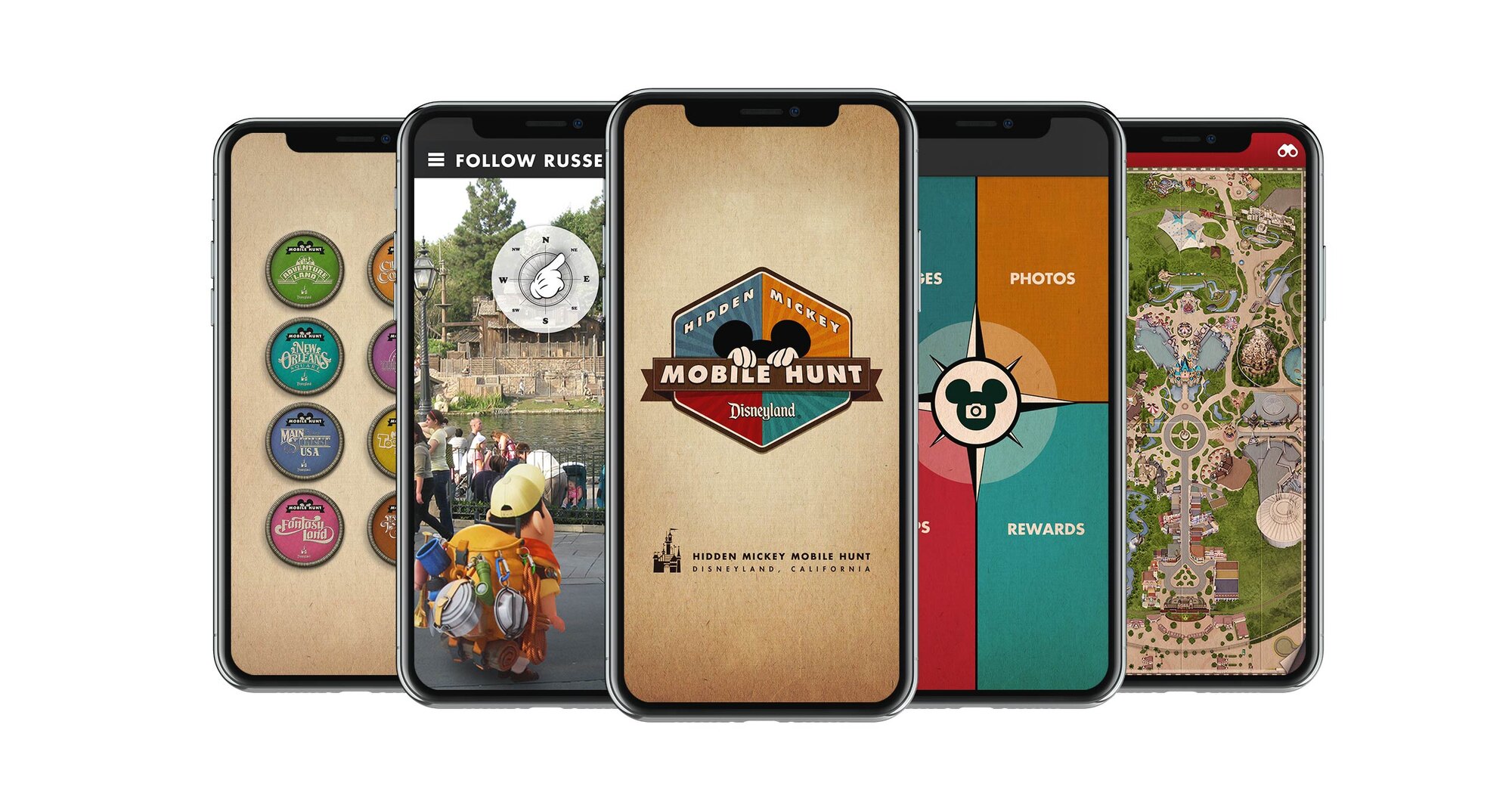 Six wireframe phone screens for the Hidden Mickey app: home, menu, rewards, photos, maps, badges