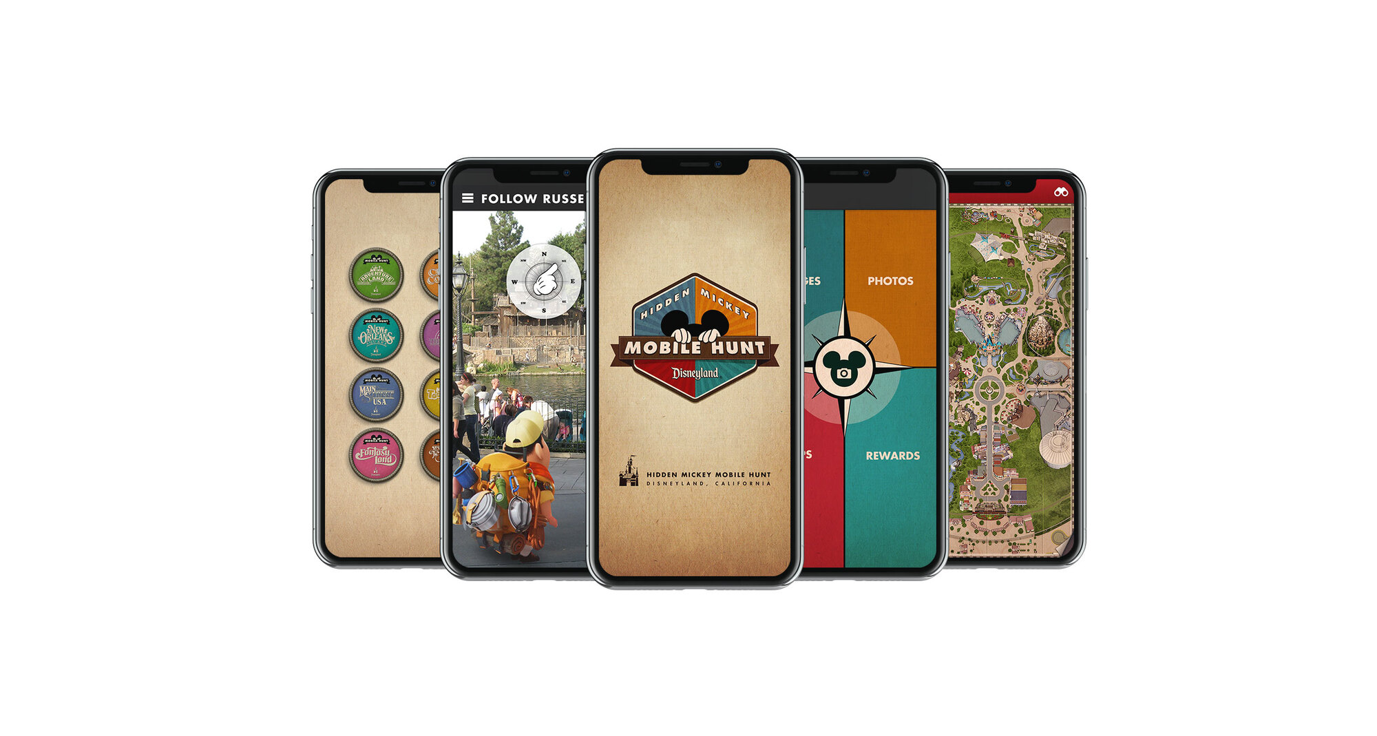 Five high-fidelity Hidden Mickey app screens including the Follow Russell AR view