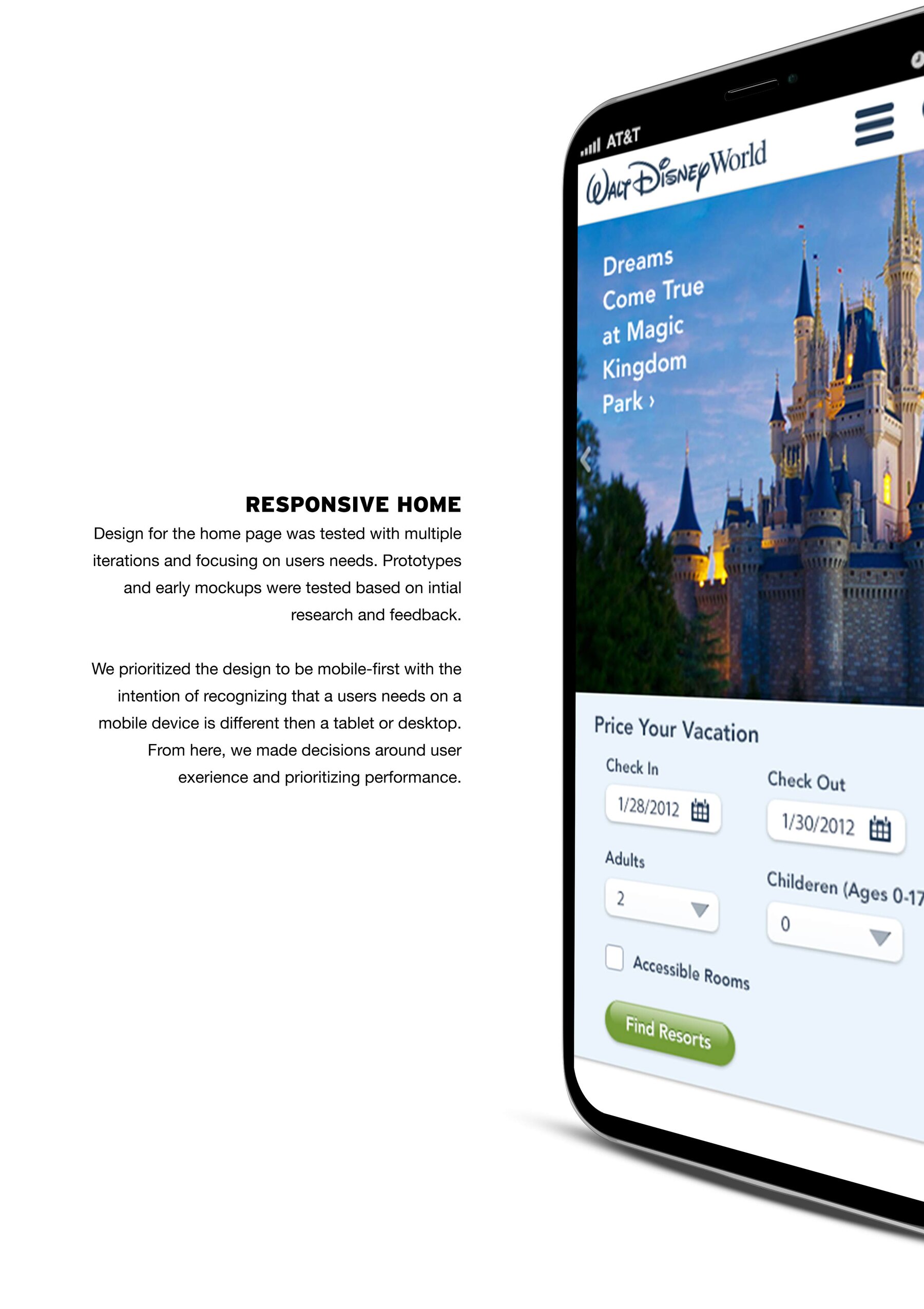 Annotated responsive home page mockup for the Walt Disney World site
