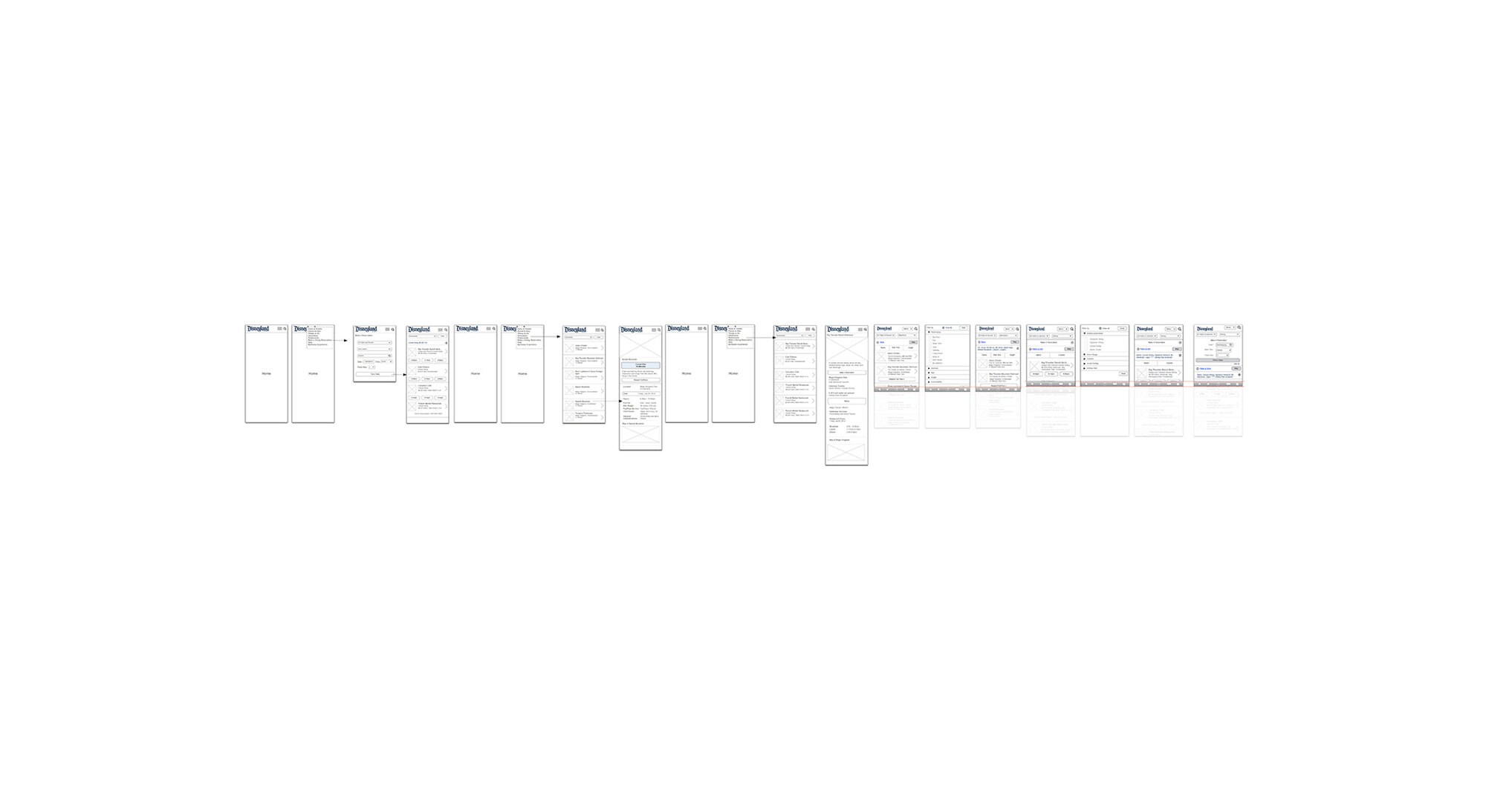 Row of mobile wireframes defining the responsive UX for the Disney site