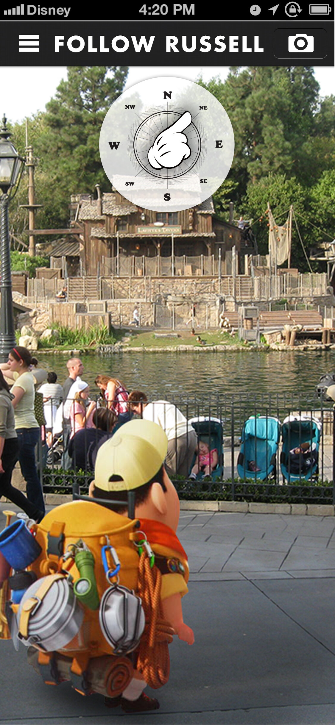 Full-screen augmented reality view of Russell from Up placed in the park