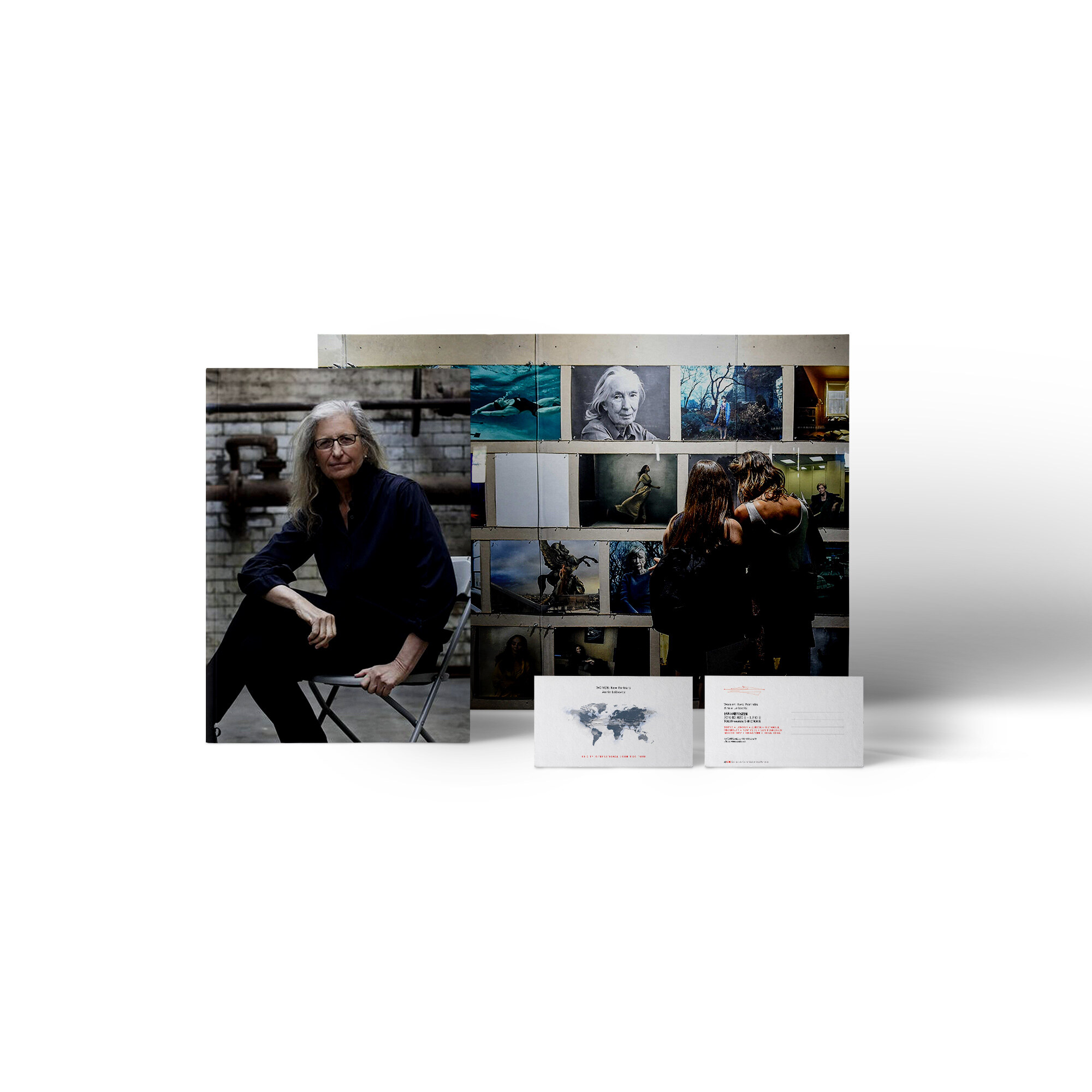 The WOMEN brand and campaign system — portrait panels, the exhibition grid, and invitation cards mapping the ten-city world tour