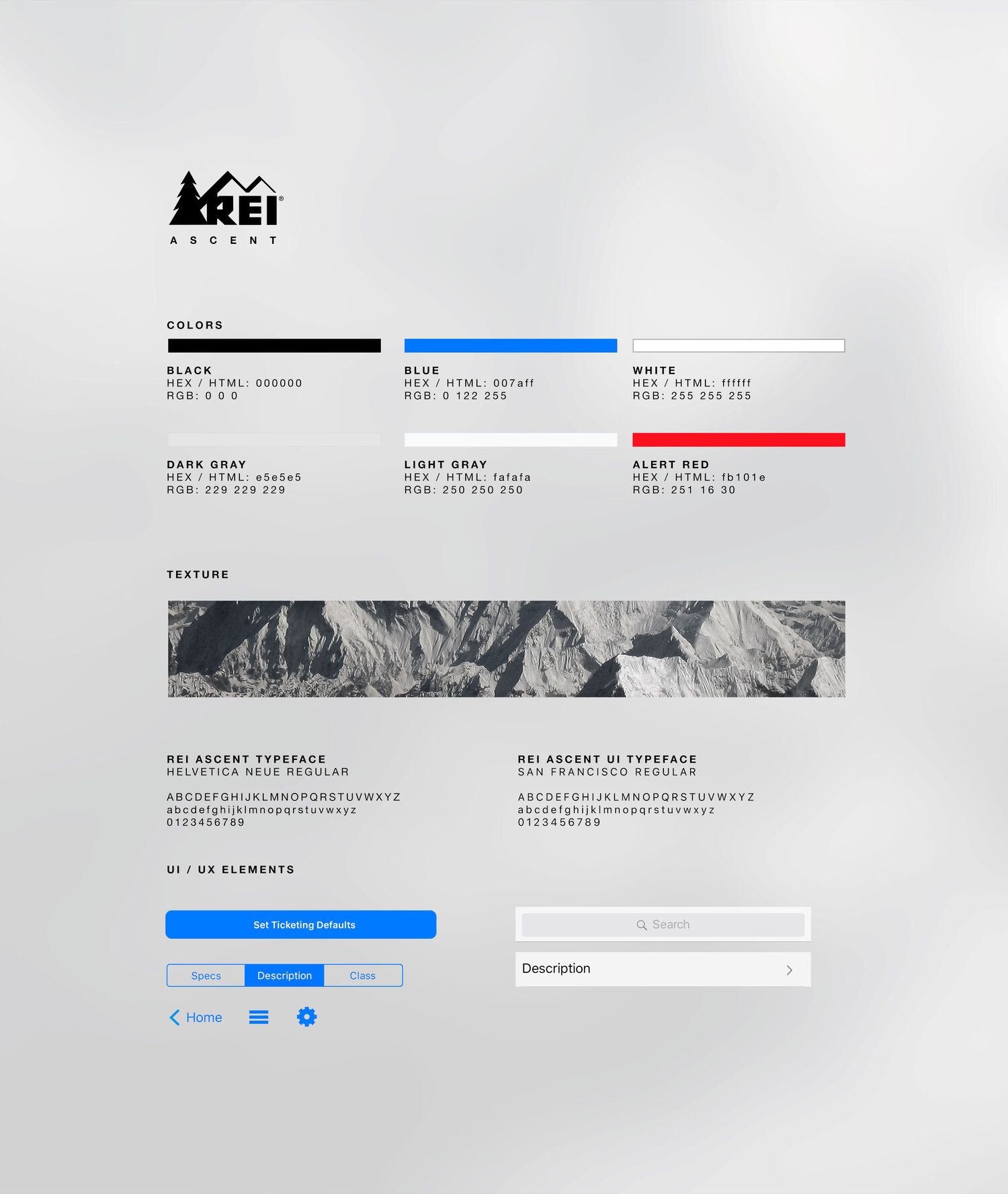 REI Ascent brand identity: logo, color, typography, and UI elements