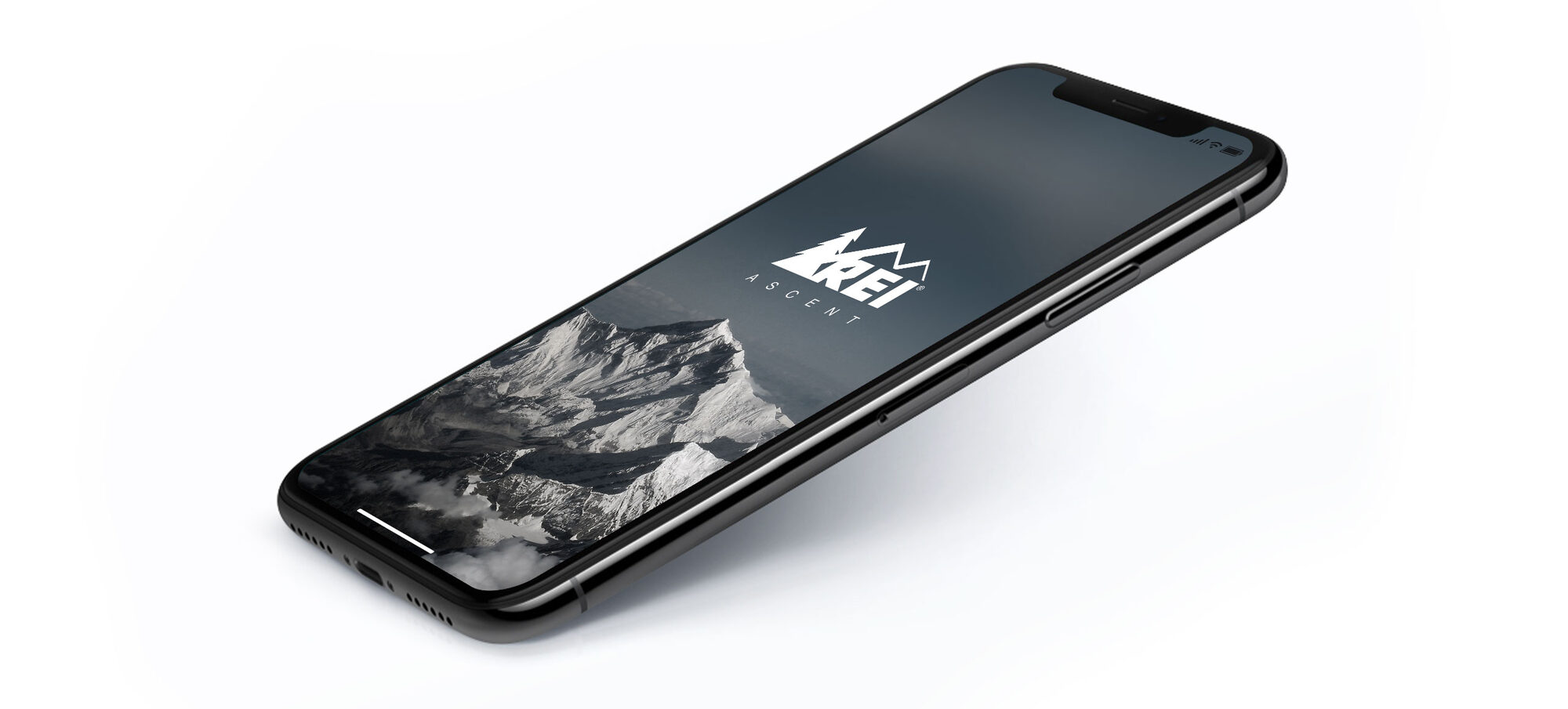 REI Ascent app shown on a floating iPhone against a mountain backdrop