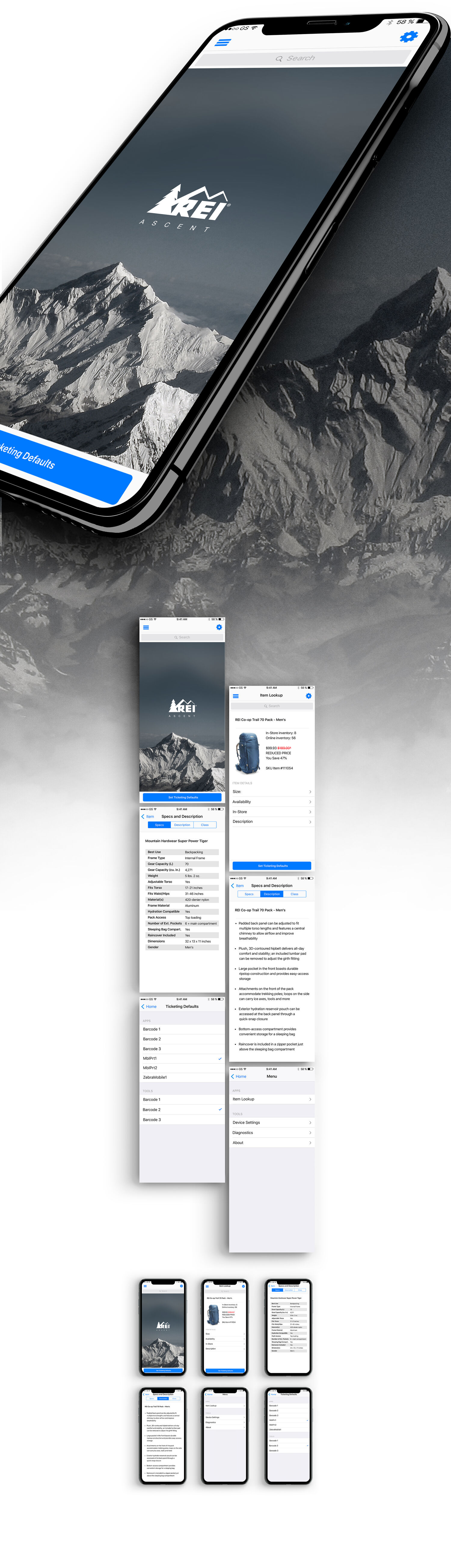 Full high-fidelity screen designs for the REI Ascent app