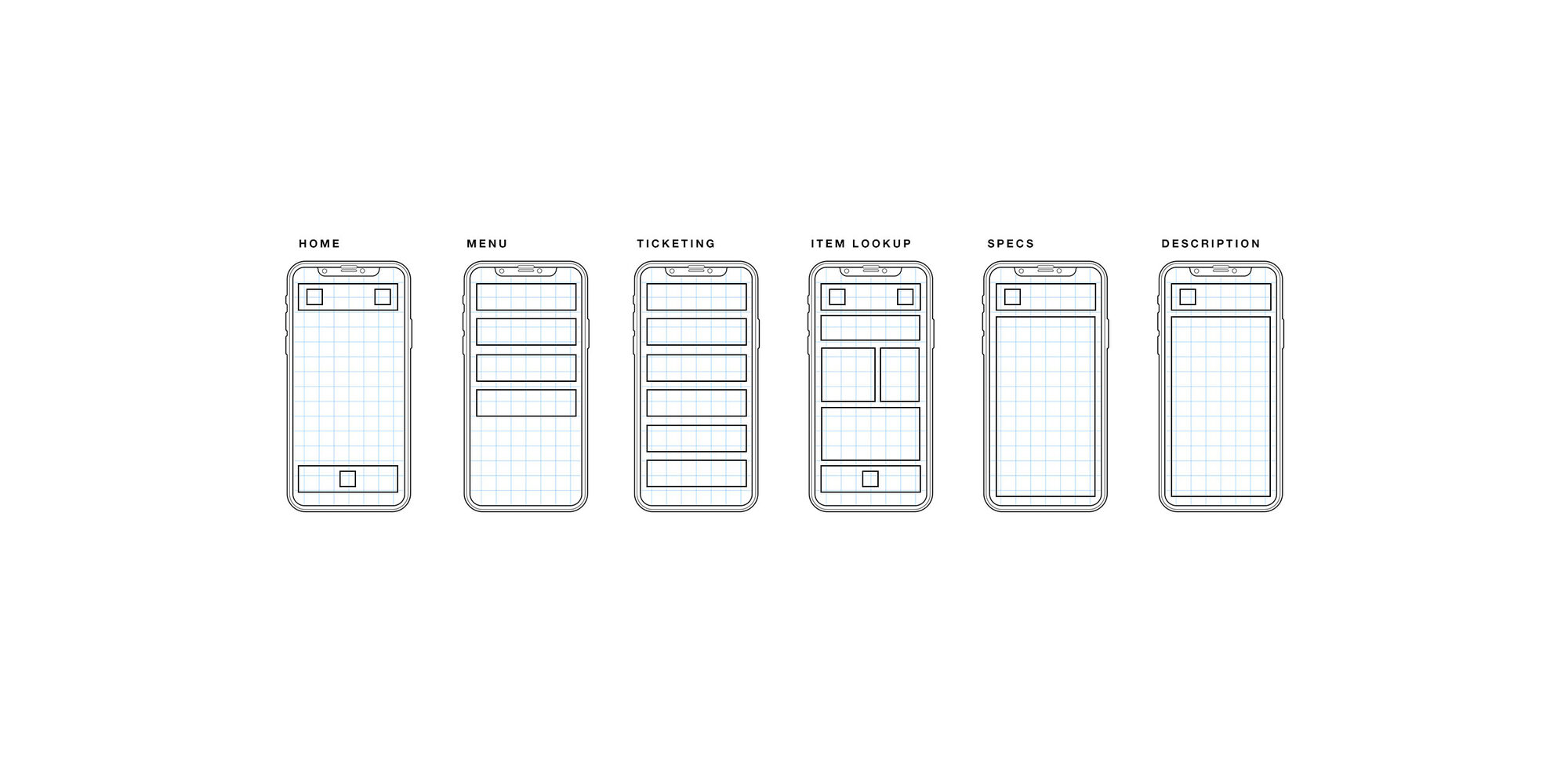 Six labelled wireframe screens for the REI Ascent app