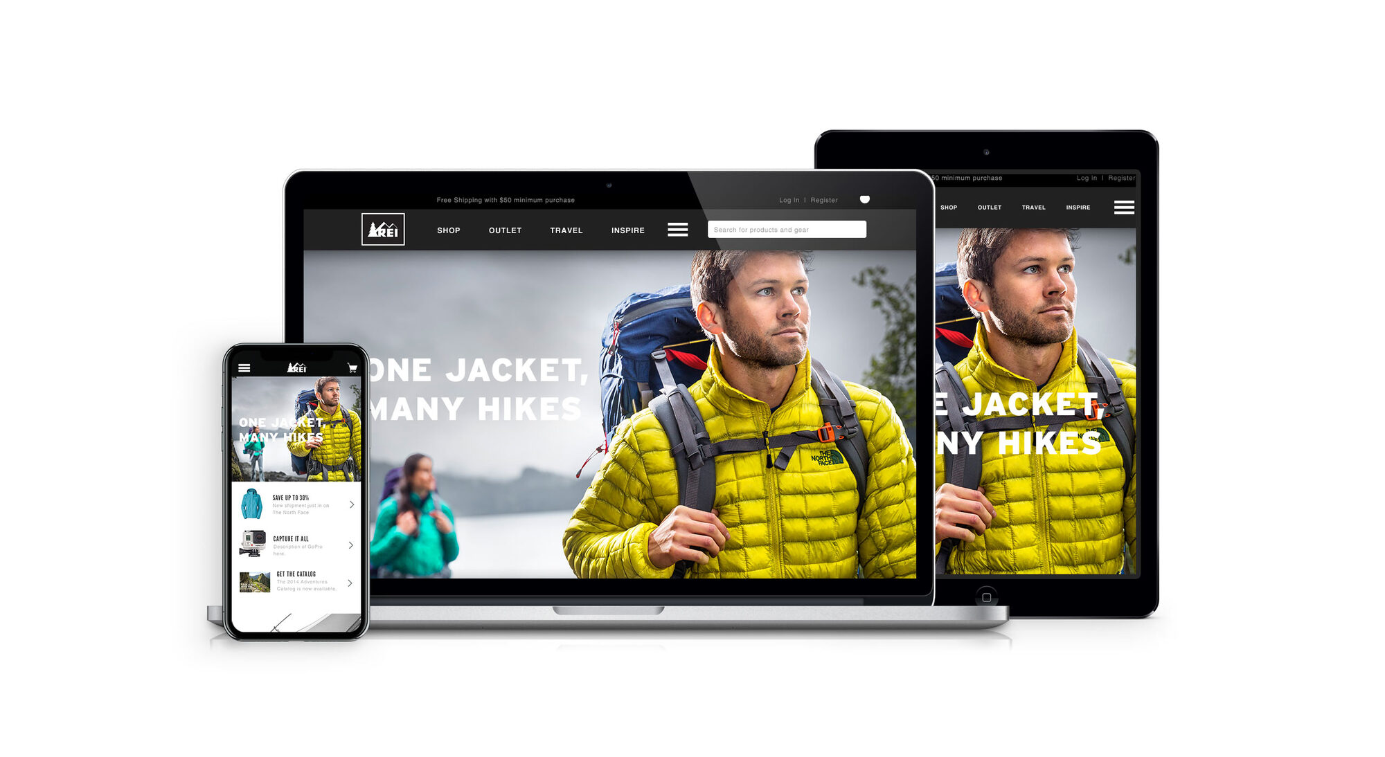 One jacket, many hikes campaign rendered responsively across devices