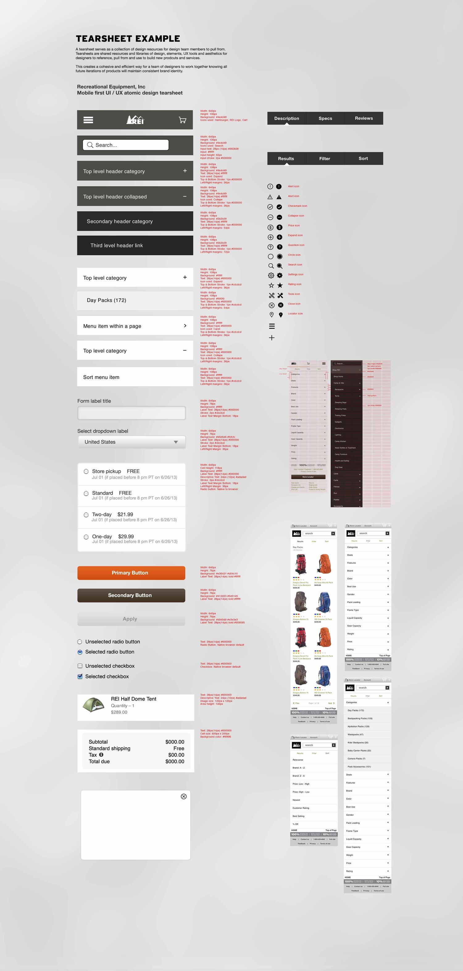 Atomic UI component tearsheet for REI's mobile experience
